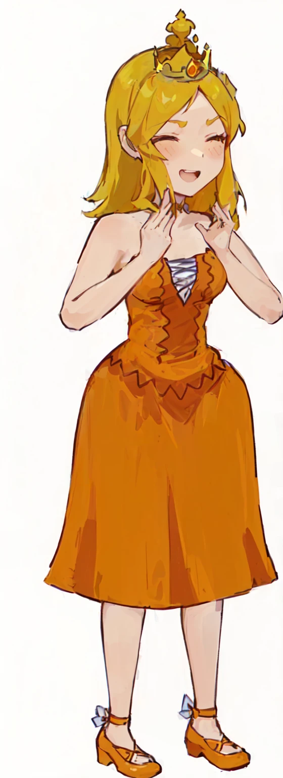 a cartoon of a woman in a dress and a crown,  of dress, she has long orange brown hair, wearing orange dress, in a dress, One-piece nami, Pocahontas, glamor anime witch casting magic, wearing a dress, Wearing a flowing dress, absurdist wiggly blob in a dress, cell shadow adult animation