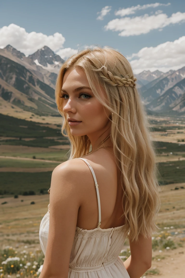 Blonde woman with hair blowing, mountains in background, milkmaid sundress