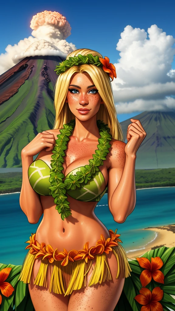 blonde girl wearing a grass skirt and lei lei, Hawaii, volcano, freckles