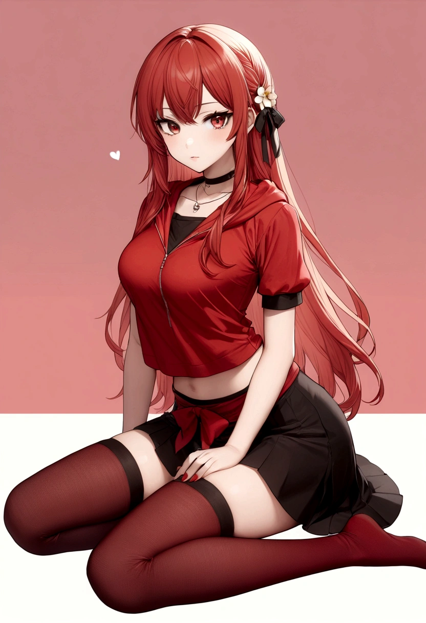 a girl with a black skirt and a small red shirt on top of is red stockings . red zip up hoodie, black shirt underneath with short sleeves and ,red hair, long hair and a flower with a ribbon on the bottom on the side on the hair and red eyes has a black Choker , and a small heart red necklace , has a ribbon bow waistband, main color red , full body 