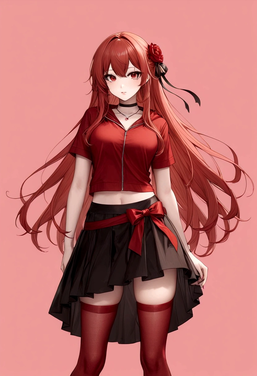 a girl with a black skirt and a small red shirt on top of is red stockings . red zip up hoodie, black shirt underneath with short sleeves and ,red hair, long hair and a flower with a ribbon on the bottom on the side on the hair and red eyes has a black Choker , and a small heart red necklace , has a ribbon bow waistband, main color red , full body 