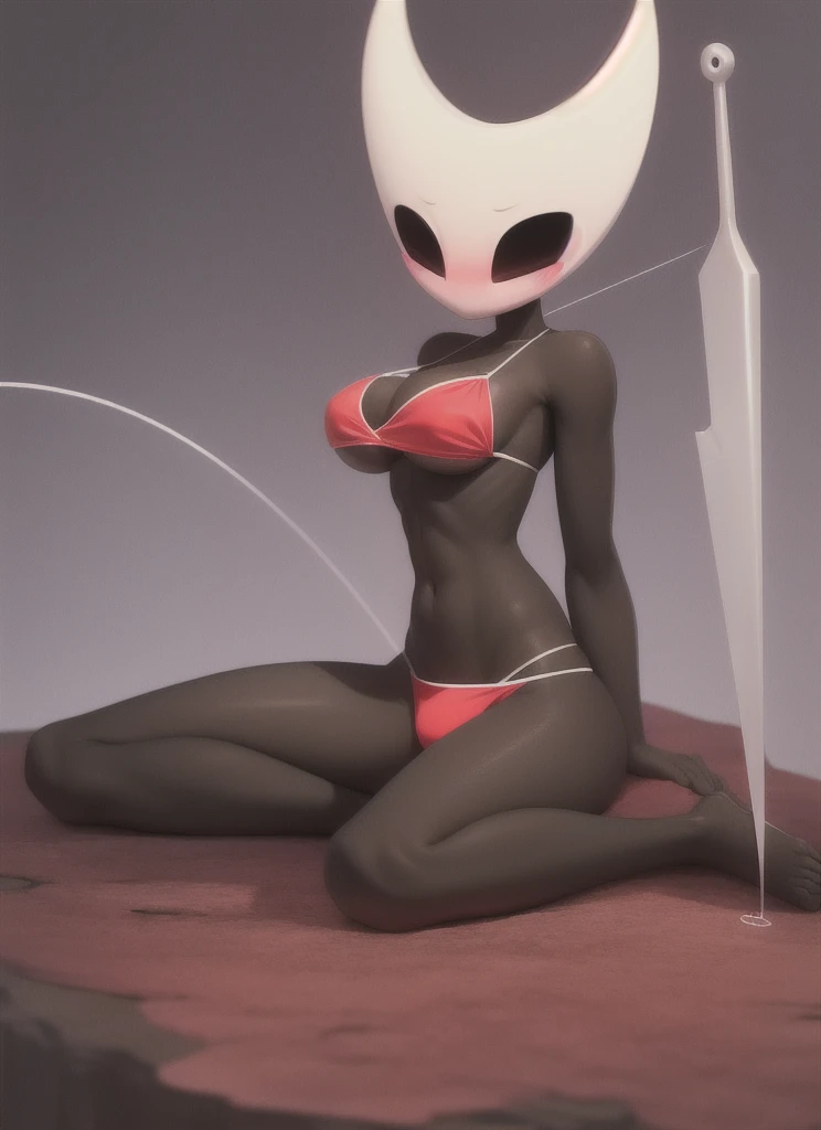 hornet, cute, chibi, no feet, furry girl, slim,anthro, needle weapon, thread, solo, red panties, bare feet, lying in the full nelson position , full body,red bikini, (best quality), (detailed dark cave background:1.2), looking at viewer, flat colors, big breasts, no nipples, no vagina, sexy body, abs, (blushes 1.5), underboob, slightly bulging through the panties