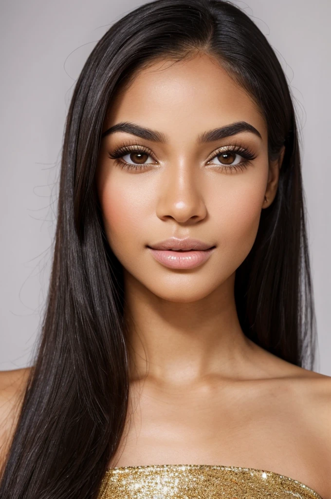 high resolution photo frontal portrait of a black woman that has a classically beautiful face with delicate, feminine features. Her most striking attributes are her long, straight flowing black hair and captivating honey-colored eyes. She has large, expressive eyes with long, dark eyelashes and warm, light brown irises flecked with gold. Gabriela has high, sculpted cheekbones, a small, straight nose, and full, pouty lips. Her eyebrows are perfectly shaped and groomed, and she has a heart-shaped face with a strong jawline and slightly pointed chin. Overall, Gabriela radiates beauty, confidence and warmth, with a genuine smile that lights up her face and draws people in, style raw