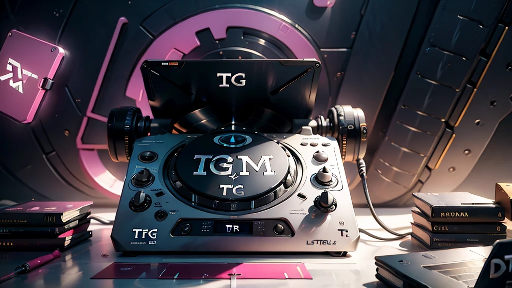 (DTG: 1.8), (DTG letters: 1.8), (Three letters: 1.8), DJ set, Music, cassette, CD Player, Futuristic device for music playing, Music reproducer, Lo-fi, writing, abstract, colorful, high resolution, high quality, neon colors, dark grey background, black grey grdient