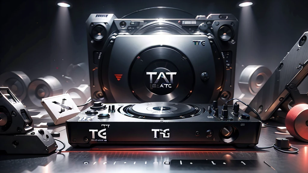 (DTG: 1.8), (DTG letters: 1.8), (Three letters: 1.8), DJ set, Music, cassette, CD Player, Futuristic device for music playing, Music reproducer, Lo-fi, writing, abstract, colorful, high resolution, high quality, neon colors, dark grey background, black grey grdient