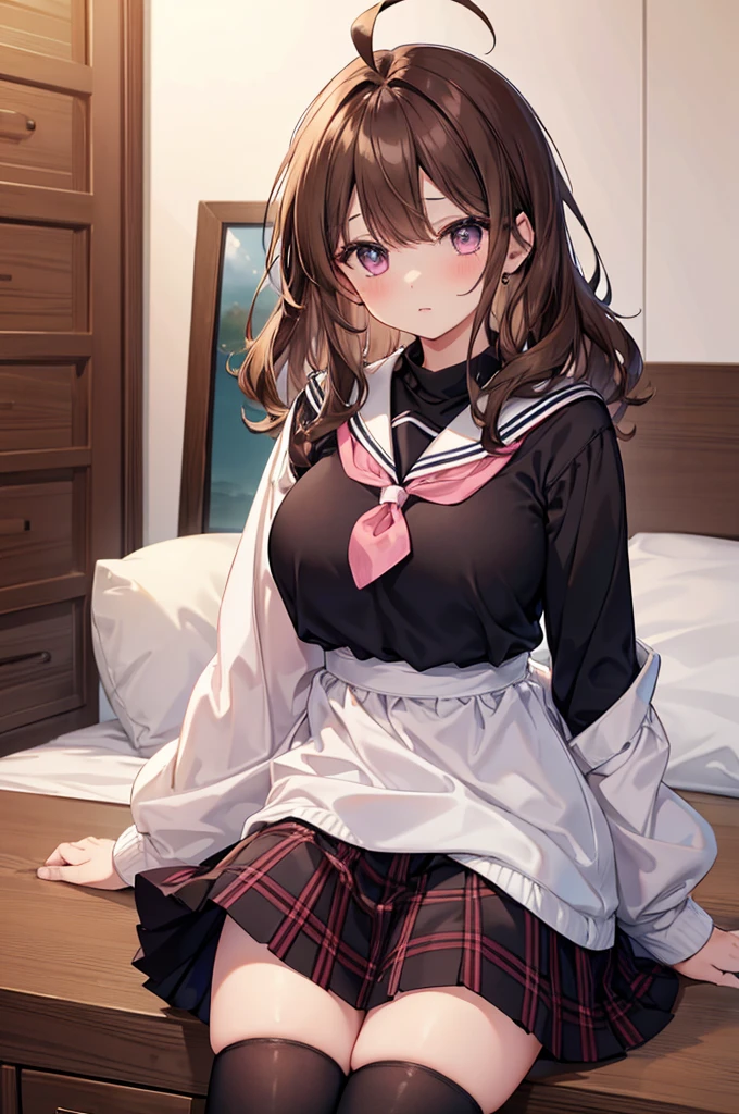 masterpiece, One girl, Brown haired girl, Wearing a sailor suit, Curly medium hair, The body is slim, Pink eyes, Ahoge, Baby Face, Huge breasts, Beautiful breasts, Round Breasts, Long sleeve, Beautiful Eyes, Black knee-high socks, , skirt, black skirt, plaid skirt, Brown sailor color, flared skirt, Tight shirt, skirt, 寝室 M字開脚 おまんこ 足を開く 発情 skirt捲り