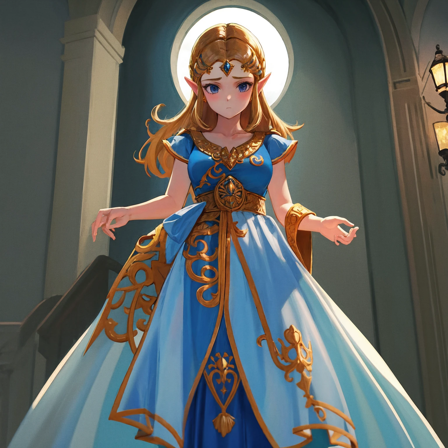 score_9, score_8_up, score_7_up beautiful aesthetic, very intricate, high quality details 1girl, princess zelda, fully clothes cowboy shot dim lighting indoors, inside castle Expressive