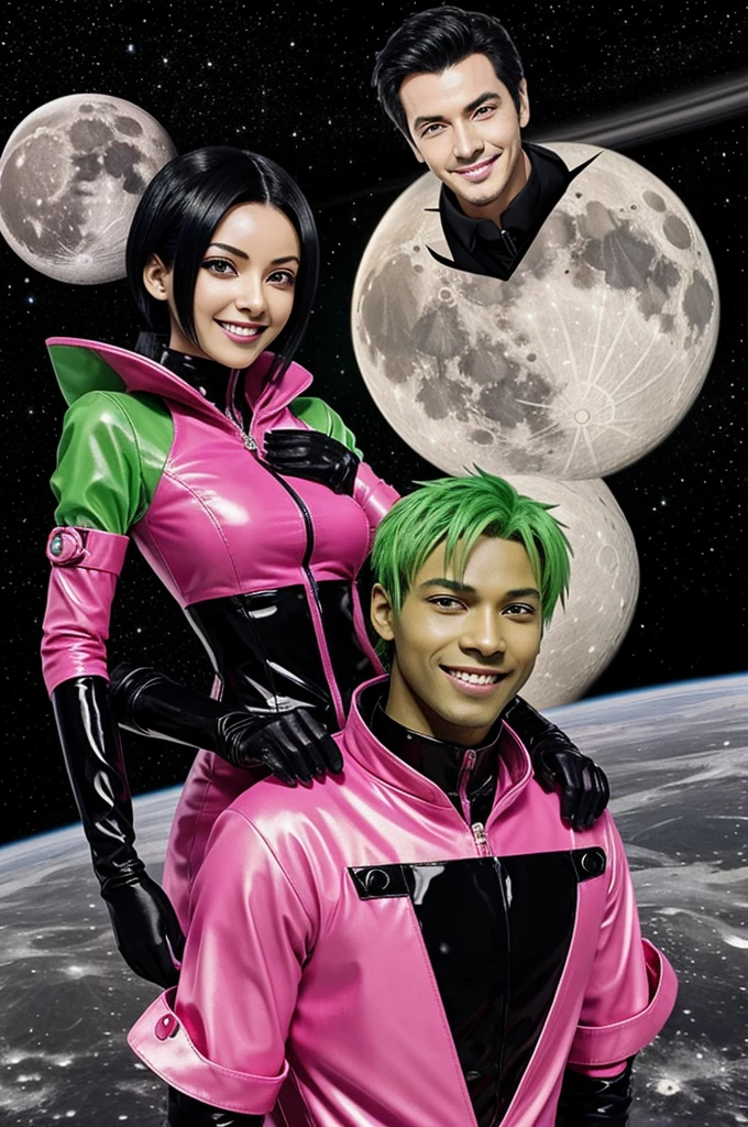 An anime image of "green skin woman, and has short black hair, His eyes are fuchsia and his smile is ear-shaped and he has fangs., She wears a fuchsia dress and has black boots and her gloves are long black, and she is in space on the moon, "create the image in an anime style"