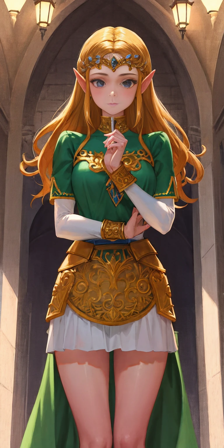 score_9, score_8_up, score_7_up beautiful aesthetic, very intricate, high quality details 1girl, princess zelda, fully clothes cowboy shot dim lighting indoors, inside castle Expressive
