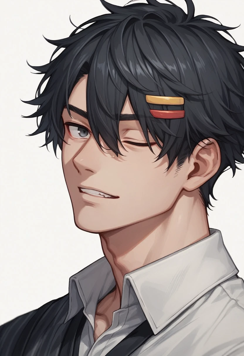 "Create an anime-style male character with messy black hair, wearing a black outfit. The character has an intense look, one eye squinted, and a confident, slightly mischievous expression. Add small details like hair clips in the hair. The background should be simple and white, with no paper in the character's mouth."