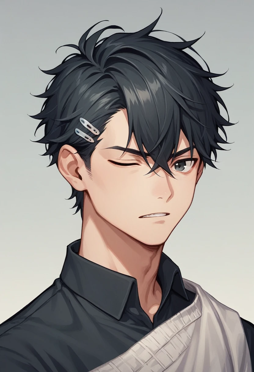 "Create an anime-style male character with messy black hair, wearing a black outfit. The character has an intense look, one eye squinted, and a confident, slightly mischievous expression. Add small details like hair clips in the hair. The background should be simple and white, with no paper in the character's mouth."
