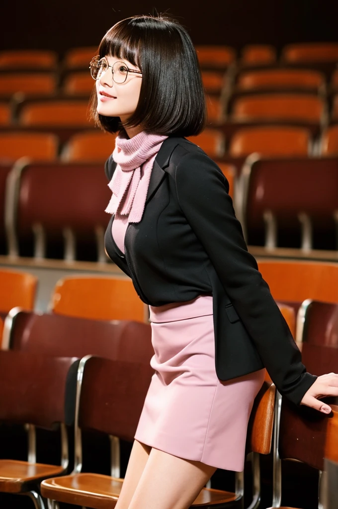 University lecture hall, university psychology associate professor, ((full body)), ((photo)), ((best qualtiy, 8K, tmasterpiece:1.3)), Focus:1.2, perfect figure beautiful woman:1.4, 1woman, cowboy shot, look at viewer, eyes facing the camera, incredibly absurd, beautiful and cute woman with a photorealistic face, showcasing top-quality craftsmanship, A Japanese woman giving a lecture at a university lecture hall, 27 years old, with a bob cut and flipped hair, short bangs swept at an angle, smooth and shiny hair, natural hairline, fair and smooth skin, plump and healthy cheeks, large, jet black eyes, round eyes, long and upward-facing eyelashes, double eyelids, thin and straight eyebrows, small and round nose, plump lips, upturned corners of the mouth, charming smile, cute face, glamorous, well-balanced proportions, tall, beautiful D-cup breasts, silver-rimmed glasses, pink blouse, black tight skirt, fashion with a waist-marked silhouette, scarf, heeled shoes, vanilla perfume, beautiful, pretty older woman, glasses suit her, knowledgeable, playful, curious, intelligent, elegant, November