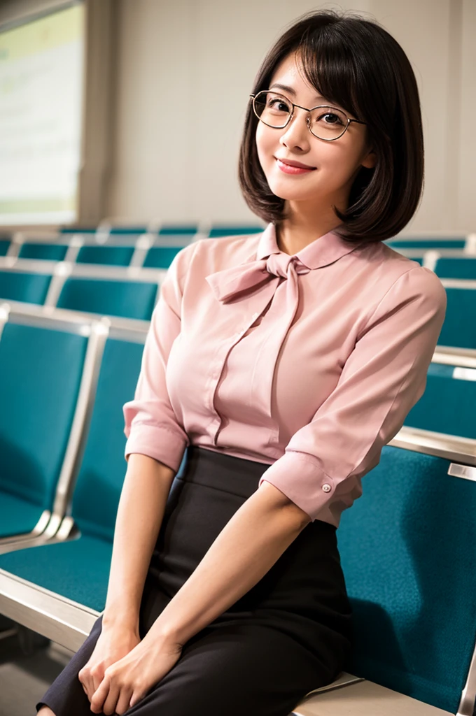 University lecture hall, university psychology associate professor, ((full body)), ((photo)), ((best qualtiy, 8K, tmasterpiece:1.3)), Focus:1.2, perfect figure beautiful woman:1.4, 1woman, cowboy shot, look at viewer, eyes facing the camera, incredibly absurd, beautiful and cute woman with a photorealistic face, showcasing top-quality craftsmanship, A Japanese woman giving a lecture at a university lecture hall, 27 years old, with a bob cut and flipped hair, short bangs swept at an angle, smooth and shiny hair, natural hairline, fair and smooth skin, plump and healthy cheeks, large, jet black eyes, round eyes, long and upward-facing eyelashes, double eyelids, thin and straight eyebrows, small and round nose, plump lips, upturned corners of the mouth, charming smile, cute face, glamorous, well-balanced proportions, tall, beautiful D-cup breasts, silver-rimmed glasses, pink blouse, black tight skirt, fashion with a waist-marked silhouette, scarf, heeled shoes, vanilla perfume, beautiful, pretty older woman, glasses suit her, knowledgeable, playful, curious, intelligent, elegant, November