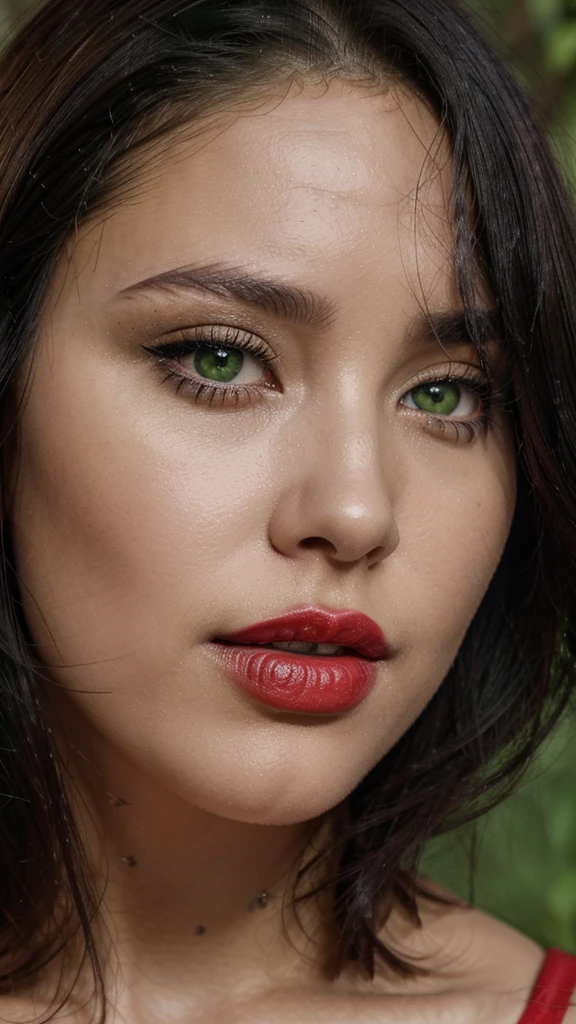 8k, close up photo-realistic portrait of beautiful 29 year old woman, ((black hair, , different color eyes = one green, one brown,red lipstick, unique appearance))