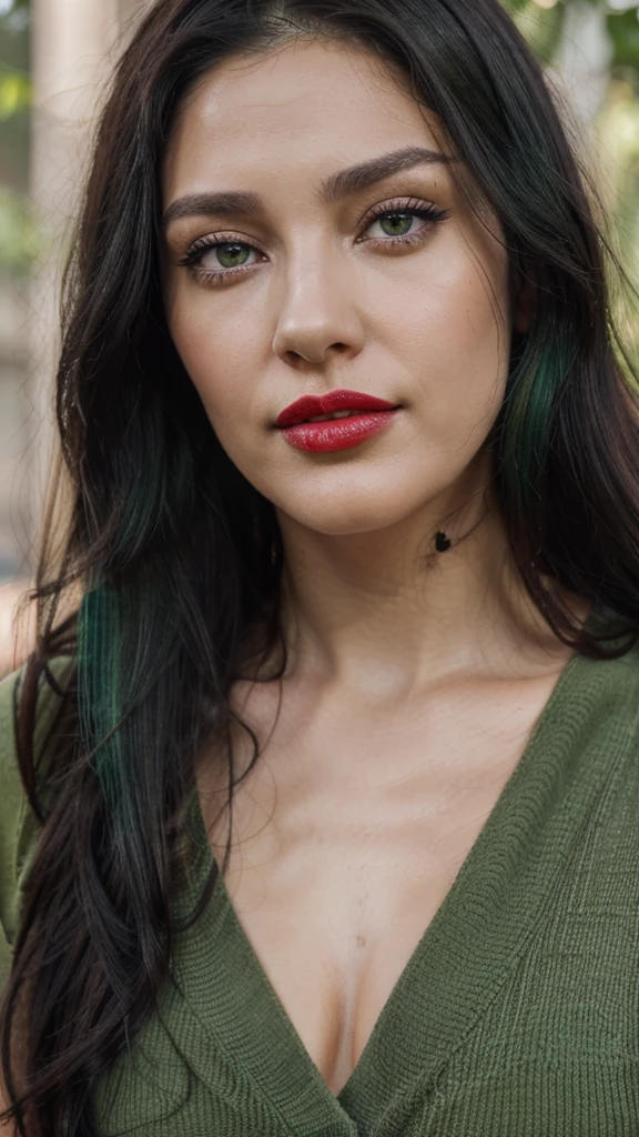 8k, close up photo-realistic portrait of beautiful 29 year old woman, ((black hair, , different color eyes = one green, one brown,red lipstick, unique appearance))