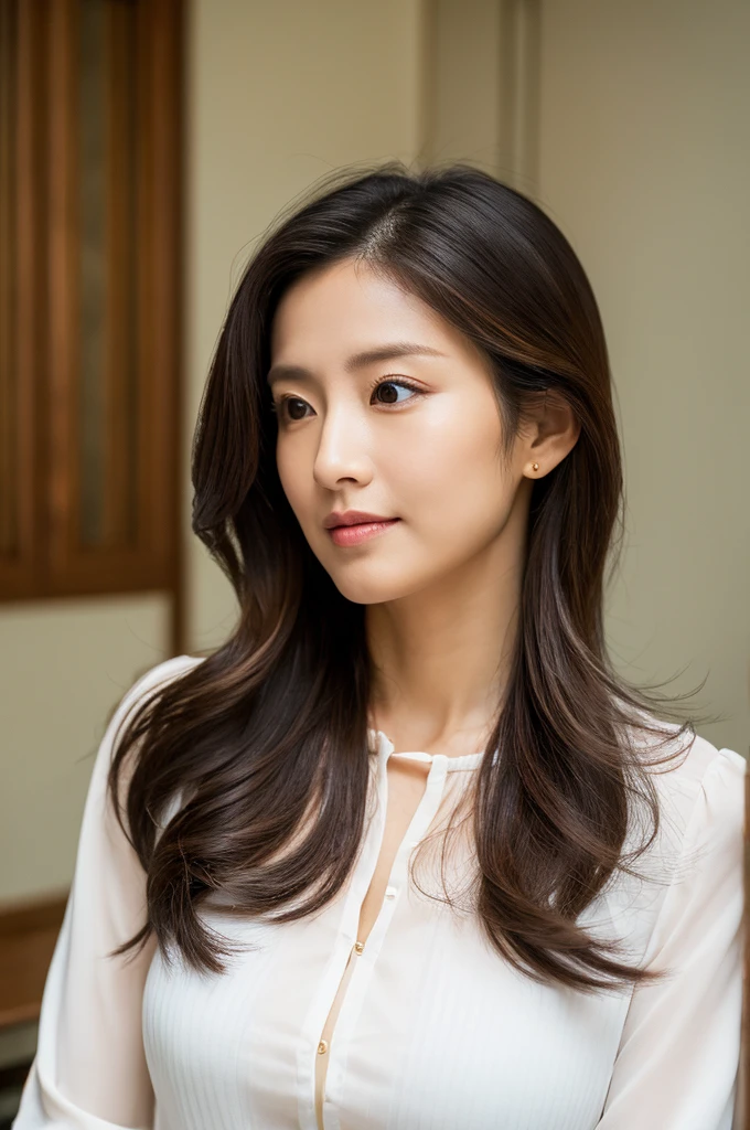 ((Highest quality)), ((masterpiece)), (detailed),Perfect Face,Japanese,Fair skin,Upper Body,Long Hair,Women's Ana Style,blouse,Mature Woman