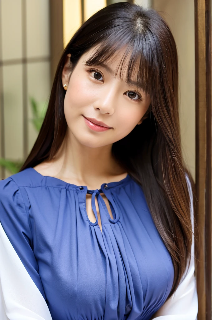 ((Highest quality)), ((masterpiece)), (detailed),Perfect Face,Japanese,Fair skin,Upper Body,Long Hair,Women's Ana Style,blouse,Mature Woman