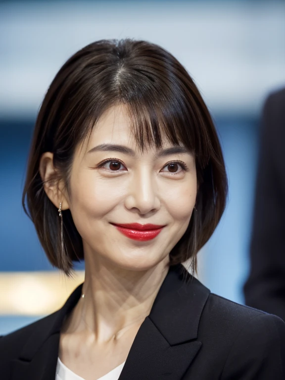 One Japanese woman, Neighbor's wife、Detailed face, Red lipstick, Captivating look, Highest quality, Very detailed, Perfect Anatomy, Wearing a black suit, Straight hair, Age 37, mature, sexy, smile, Medium Hair、The face is facing you、(Looking at the audience), Close-up photo with focus on face、(Close-up photo of the face:1.4)、