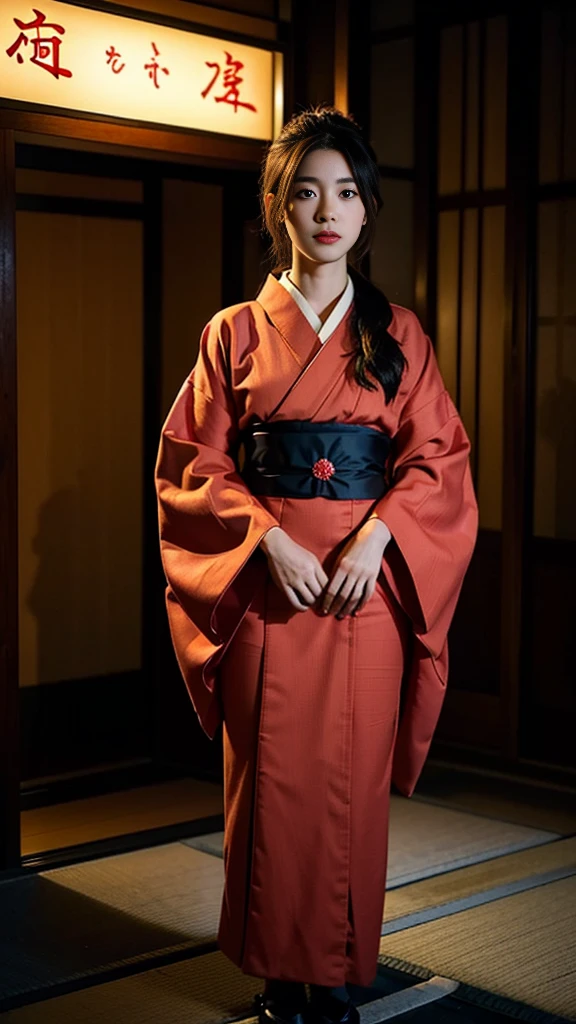 one girl,Beutiful women, In a corner of Kyoto,At night,Wear a red kimono
