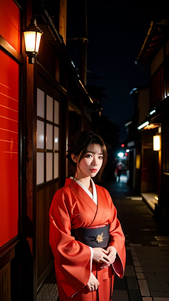 one girl,Beutiful women, In a corner of Kyoto,At night,Wear a red kimono