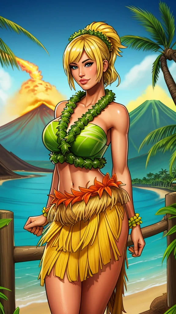 blonde girl wearing a grass skirt and lei lei, Hawaii, volcano,, rikku