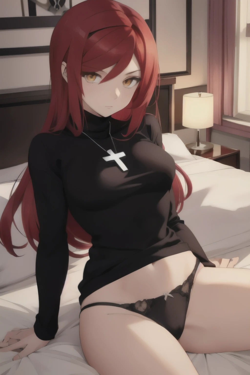 Parasoul, parasoul (skullgirls), Red hair, yellow eyes, inverted cross pendant, silver pendant, Black turtleneck 
sweater, undressing, shirtlift, medium breasts, pink coloured underwear, pink bra, pink panties, bedroom, looking at the viewer