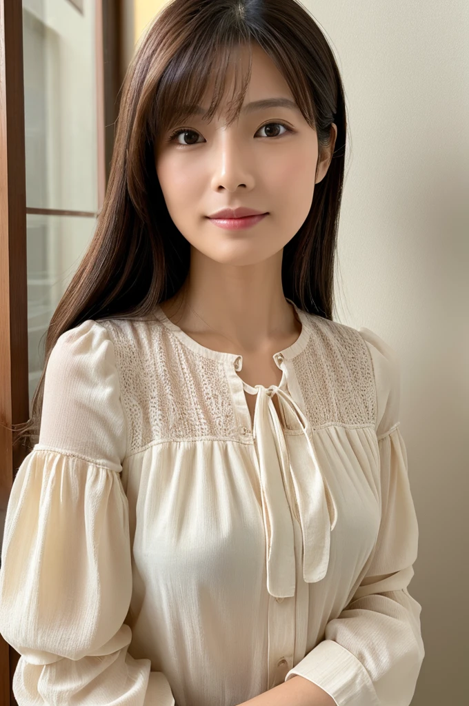 ((Highest quality)), ((masterpiece)), (detailed),Perfect Face,Japanese,Fair skin,Upper Body,Long Hair,Women's Ana Style,blouse, Woman