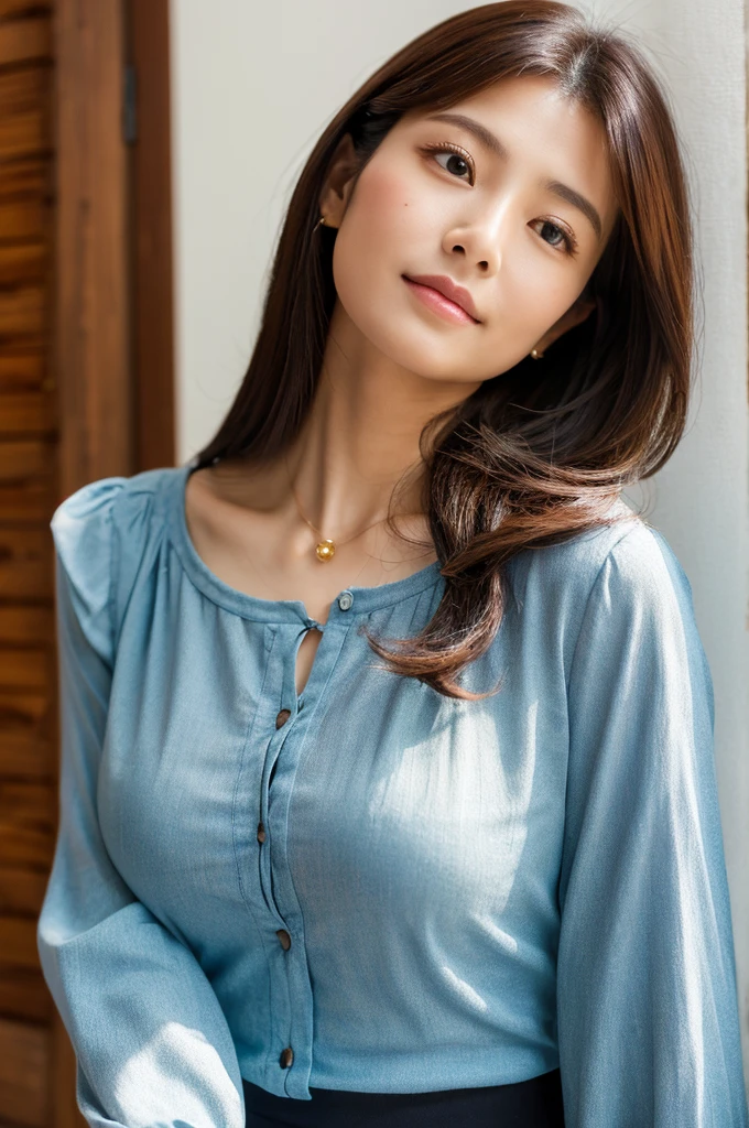 ((Highest quality)), ((masterpiece)), (detailed),Perfect Face,Japanese,Fair skin,Upper Body,Long Hair,Women's Ana Style,blouse,Mature Woman