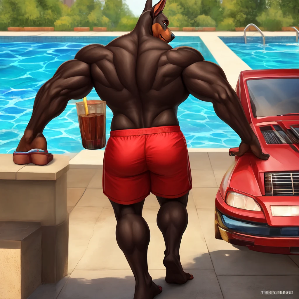 ((Best quality)), ((masterpiece)), (detailed)Doberman , Doberman male, pool, swimming trunks, red shorts, muscles, большие muscles, high growth, costs, front view, looks at the viewer, no back visible, visibly life, gorgeous eyes, Wide body, beautiful eyes, Normal eyes, giant, темнокоричневый skin, Very broad shoulders, big ass, the whole body is visible, wide hips, wide legs, paws visible