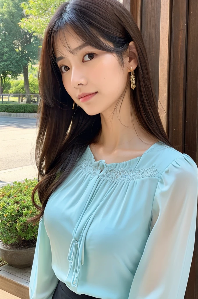 ((Highest quality)), ((masterpiece)), (detailed),Perfect Face,Japanese,Fair skin,Upper Body,Long Hair,Women's Ana Style,blouse,Mature Woman