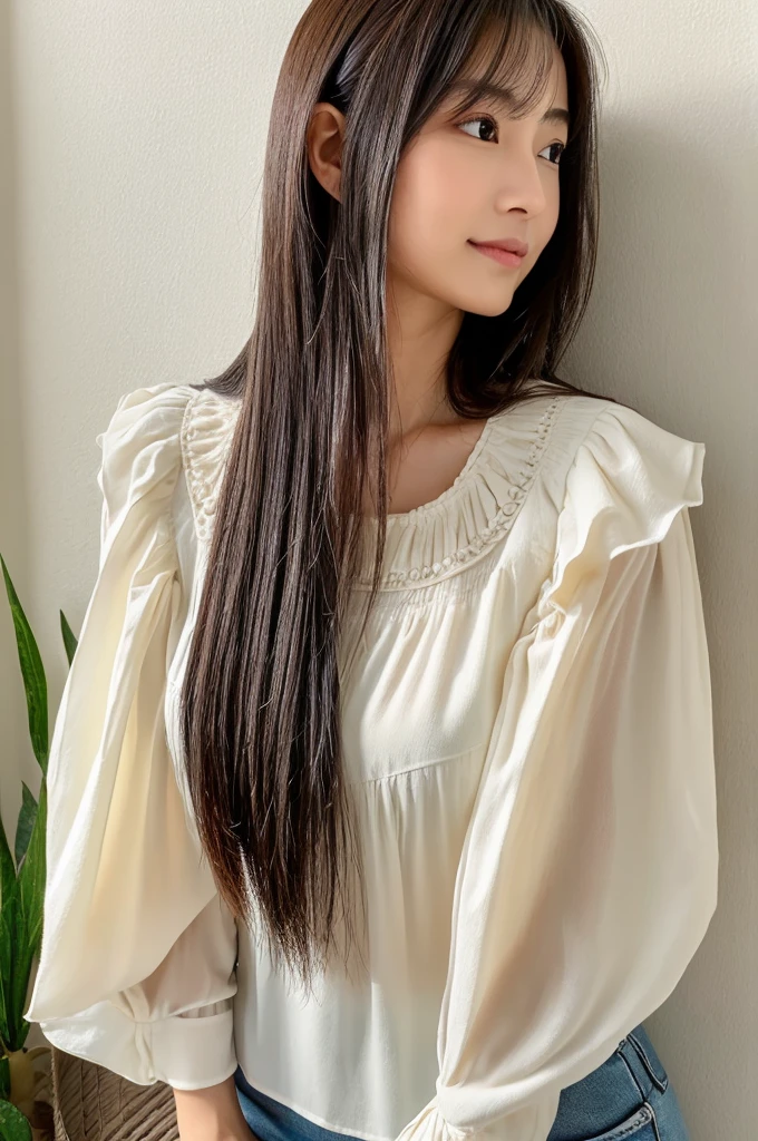 ((Highest quality)), ((masterpiece)), (detailed),Perfect Face,Japanese,Fair skin,Upper Body,Long Hair,Women's Ana Style,blouse,Mature Woman