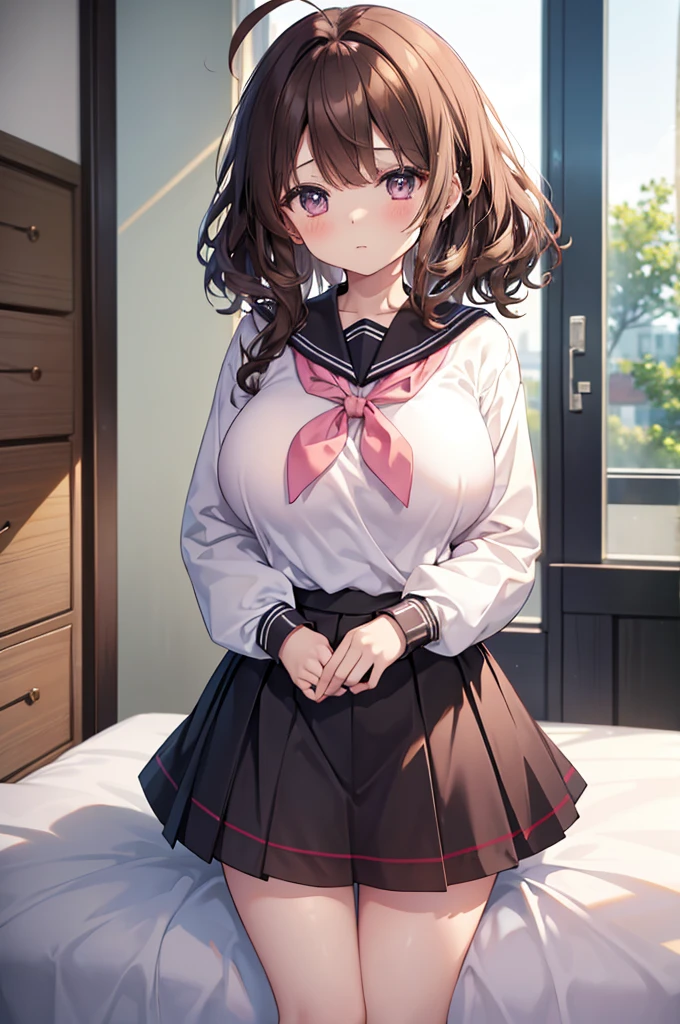 masterpiece, One girl,  Brown haired girl, Wearing a sailor suit, Curly medium hair, The body is slim,  Pink eyes, Ahoge, , Huge breasts, Beautiful breasts, Round Breasts, Long sleeve, Beautiful Eyes, Black knee-high socks, , skirt, black skirt, plaid skirt, Brown sailor color, flared skirt, Tight shirt, skirt, 寝室 M字開脚 おまんこ 足を開く 発情 skirtの前面をたくしあげる 舌ペロ つり目