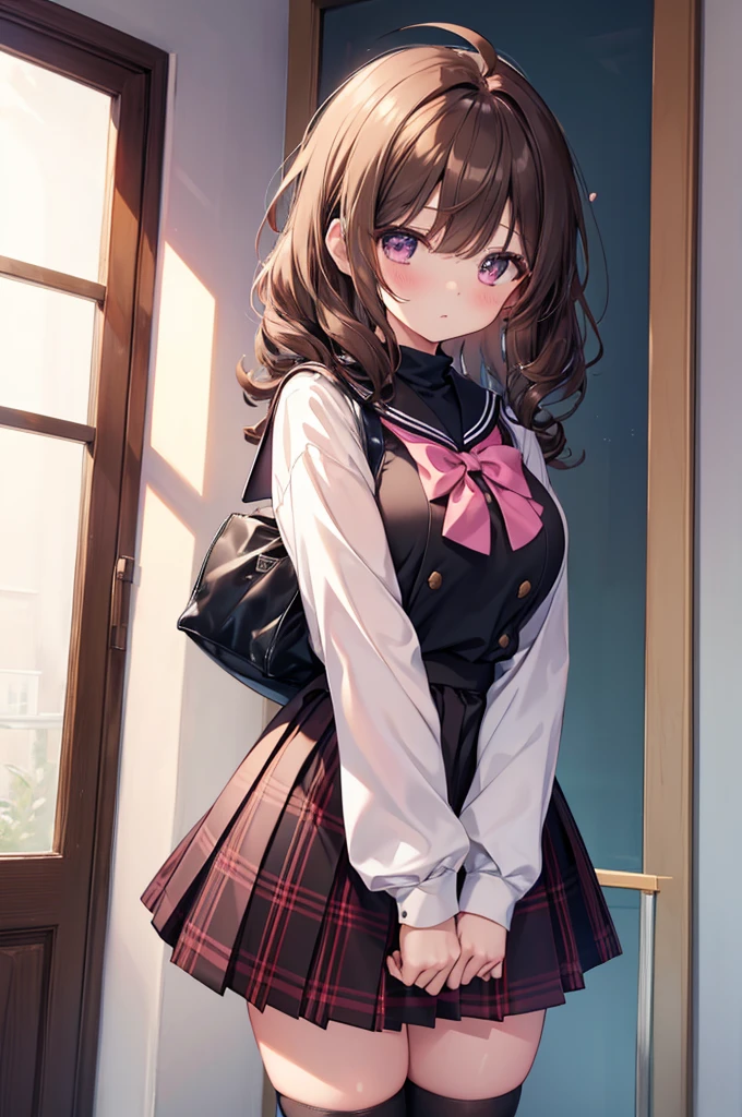 masterpiece, One girl,  Brown haired girl, Wearing a sailor suit, Curly medium hair, The body is slim,  Pink eyes, Ahoge, Baby Face, Huge breasts, Beautiful breasts, Round Breasts, Long sleeve, Beautiful Eyes, Black knee-high socks, , skirt, black skirt, plaid skirt, Brown sailor color, flared skirt, Tight shirt, skirt, 寝室 M字開脚 おまんこ 足を開く 発情 skirtの前面をたくしあげる 舌ペロ つり目