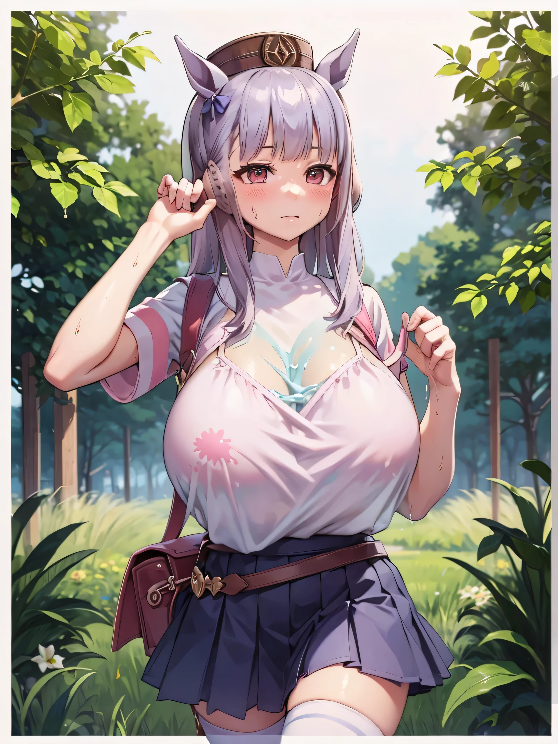 (masterpiece, Highest quality:1.2), alone, One girl, Gold Ship as a young child, pillbox hat,White child clothes、Pleated skirt、Knee-high socks、Horse tail,、grassland、Nature、blush、smile、Muddy liquid all over the body、(Huge breasts:1.4)、The bra is see-through、Clothes are see-through、Open your legs、Leg spread、、Kindergarteners、、、、Child's 、Sweat、Masturbation、masturbation behavior、From the side、Carry a school bag、See-through underwear、Low - Angle、Get wet
