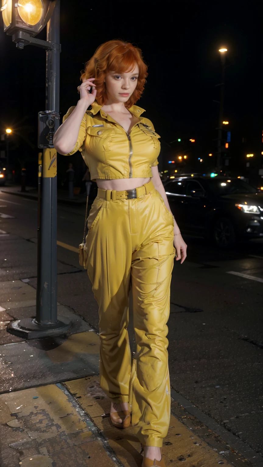 (masterpiece), (best quality), (solo character), (photorealistic:1.4), (c7r1s1h3n6r-smf, CHristina Hendricks), (April O'Neil_v1 jumpsuit), (yellow jumpsuit), (April O'Neil_v1 white belt), ), (epiCRealLife), (lora:epiCFlashPhoto), (latex midriff), (red hair), (brown eyes), (young woman), (flashphoto), (night time), (new york city street), (traffic light), (different camera angle shots), (look at viewers), (cowboy shots)