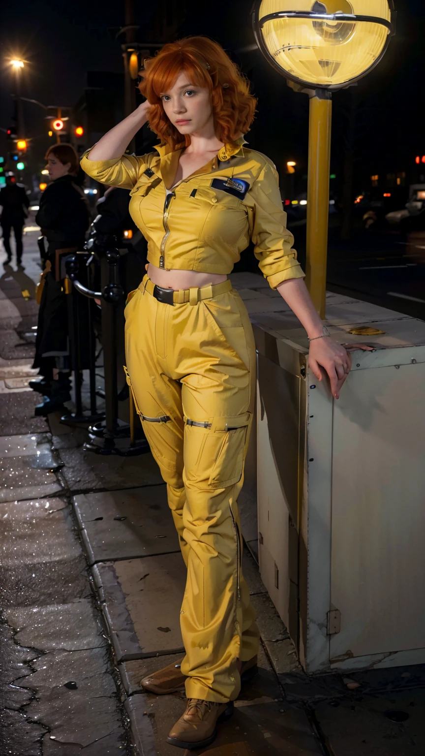 (masterpiece), (best quality), (solo character), (photorealistic:1.4), (c7r1s1h3n6r-smf, CHristina Hendricks), (April O'Neil_v1 jumpsuit), (yellow jumpsuit), (April O'Neil_v1 white belt), ), (epiCRealLife), (lora:epiCFlashPhoto), (latex midriff), (red hair), (brown eyes), (young woman), (flashphoto), (night time), (new york city street), (traffic light), (different camera angle shots), (look at viewers), (cowboy shots)