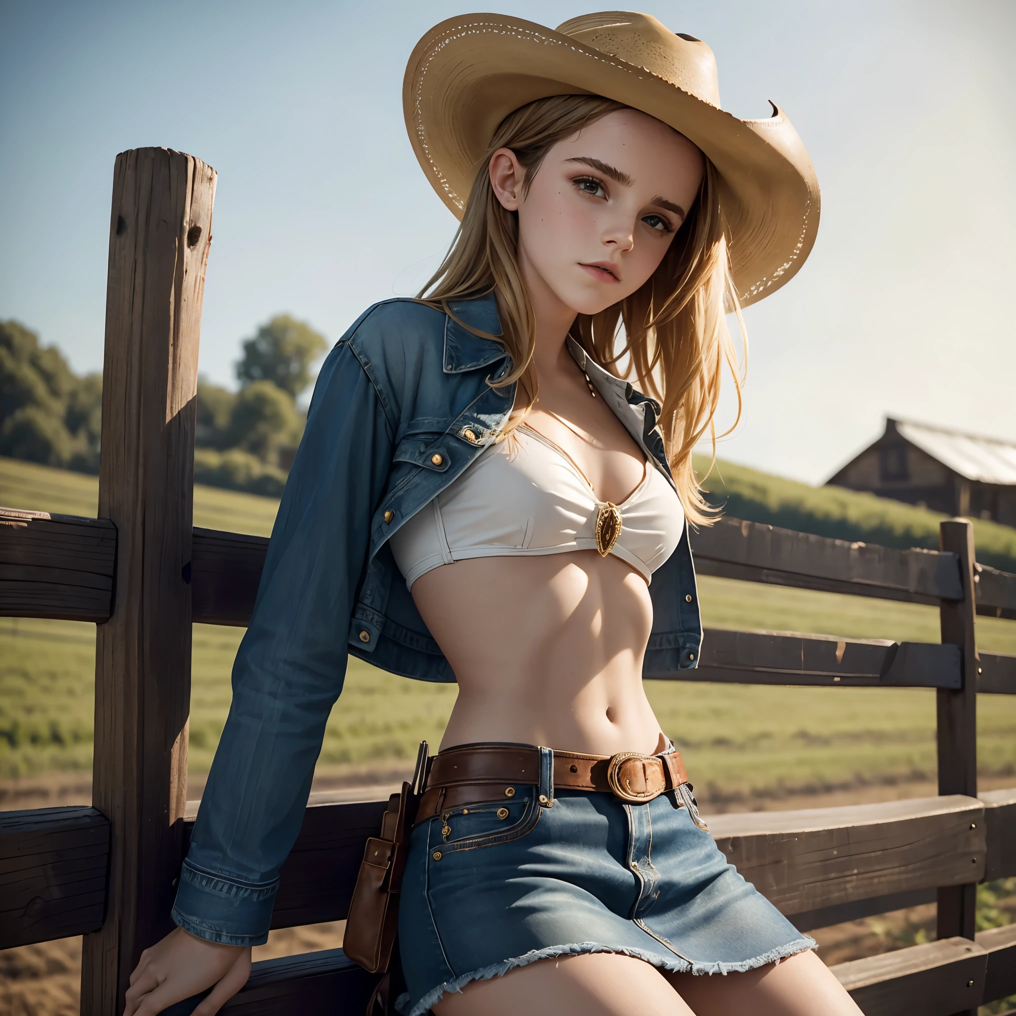 a beautiful emma watson dressed as a sexy cowgirl. blonde. intricate leather costume, denim skirt, crop top, underboob. cowboy hat. sitting on a fence as a captivating figure amidst the ostentation. slender and graceful. from below. background farm.