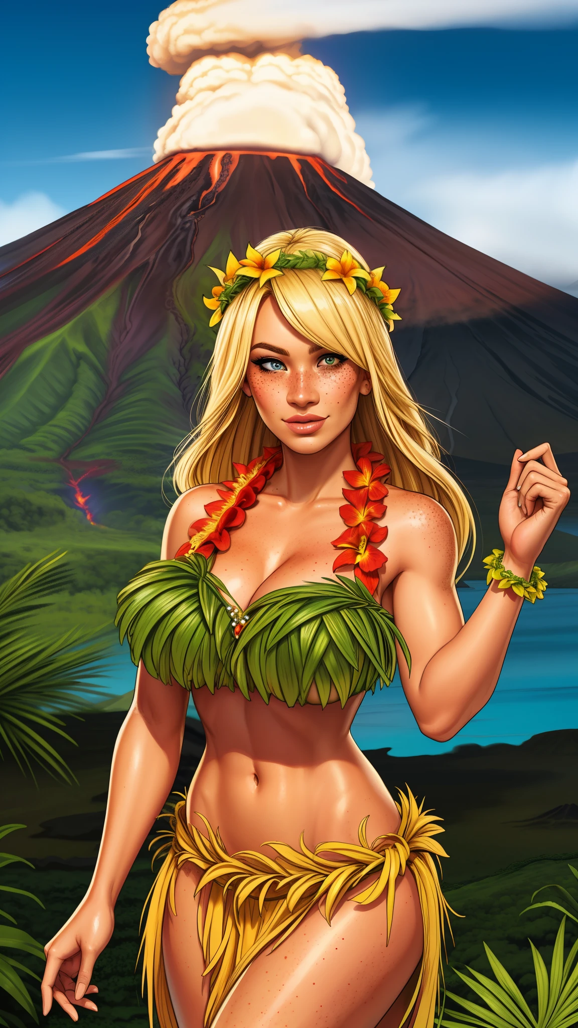 blonde girl wearing a grass skirt and lei lei, Hawaii, volcano, freckles