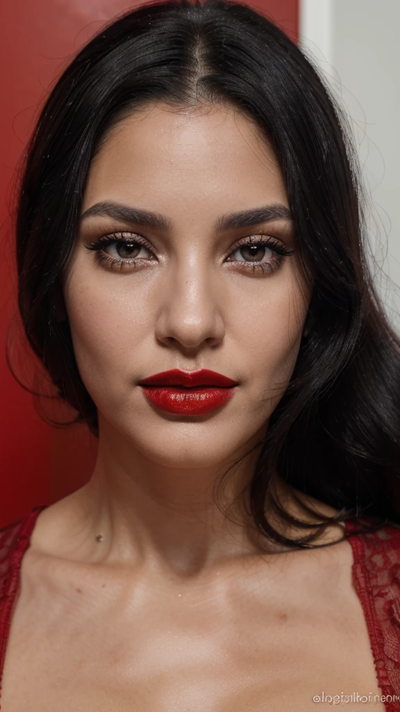 8k, close up photo-realistic portrait of beautiful 29 year old Brazilian woman, ((black hair, , different color eyes,red lipstick, unique appearance))