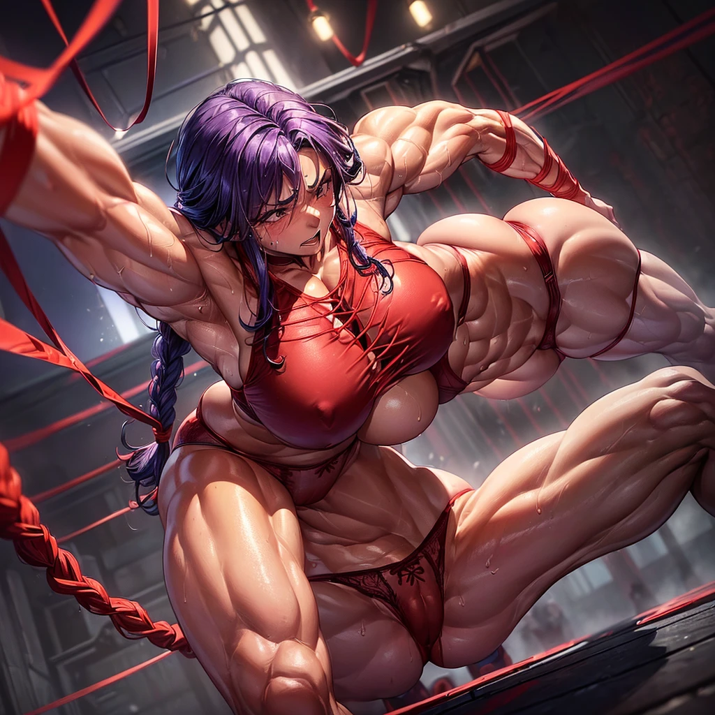 (((One dominate Muscular woman with massive ass wearing tight lingerie and red string underwear))), ((jumping backwards and landing scrawny man)), (long purple braided hair), ((sweaty body and underwear)), (sweat dripping on floor), (holding her ass cheeks)
