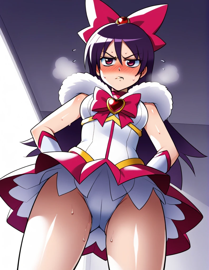curetwinkle, shiny skin, high quality, solo, 1girl, (magical girl costume,fur trim:1.6),(bubble skirt:1.4), ribbon, BREAK (from below,cowboy shot,lighting forward:1.3), BREAK ,(stare at viewer with stern eyes:1.5),(bitting own lip:1.1),(angry:0.9),nose blush,(badmood:1.4),(steam:1.1),(sweat:1.1),(flying sweat:1.1), BREAK,on back,lying,pillow,bed,sleep assault,