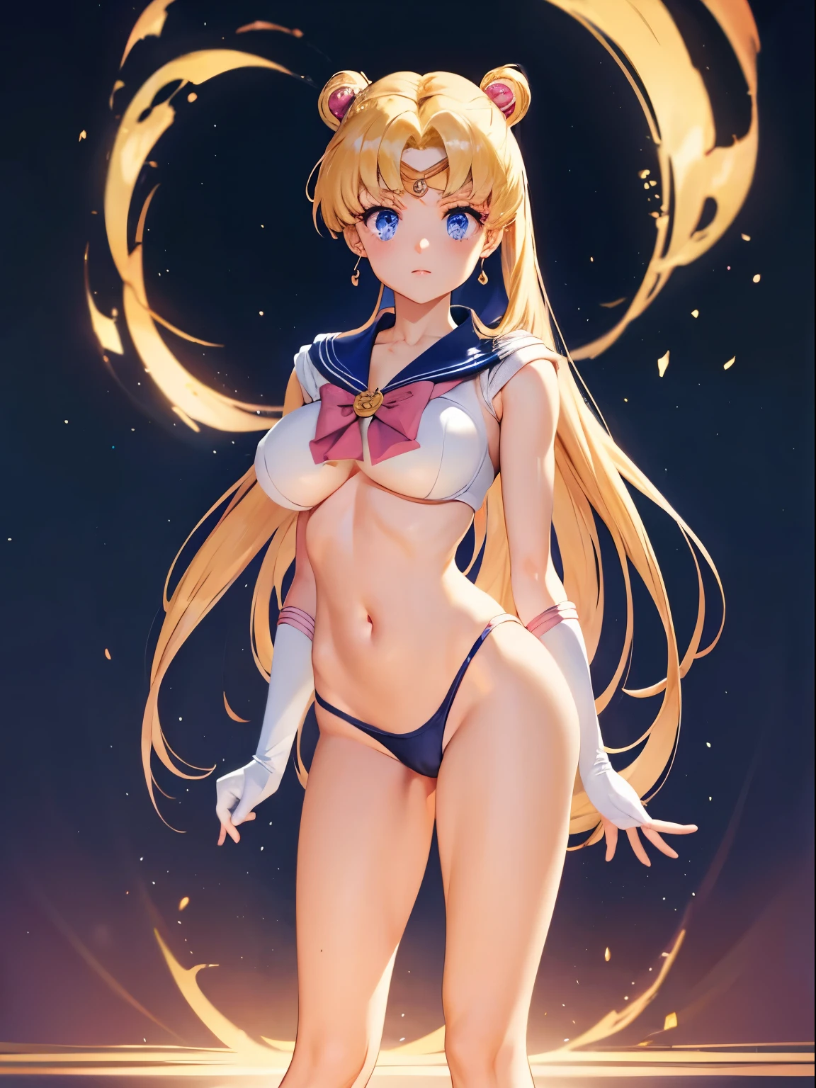 Sailor Moon, 1 girl, blonde hair, long hair, blue eyes, detailed eyes, simple background, female focus, alone, standing, Usagi Tsukino, portrait, full body, (Masterpiece:1.0), (best quality:1.0), (wallpaper 8k:1.0), (beautiful face detailed:1.0), (deep detailed eyes), deep eyes, looking at viewer, red bow on chest, pink bra, white gloves, big breasts, bare abdomen, pink panties ,