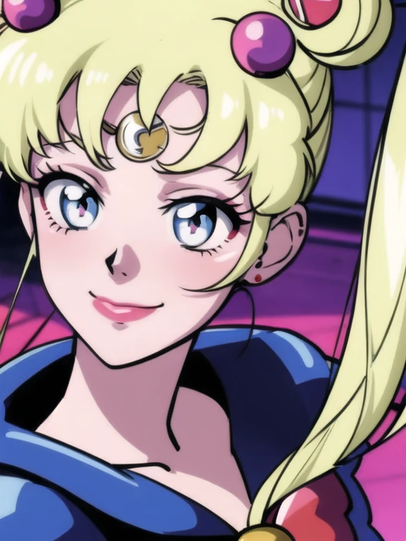 tsukino usagi, close up, sailor moon, 1girl, solo, long hair , as harley quinn, makeup, evil smile,