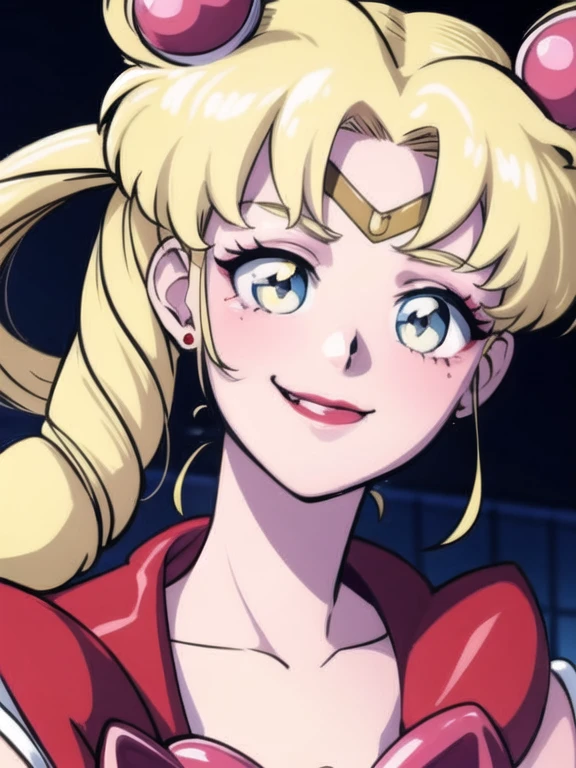 tsukino usagi, close up, sailor moon, 1girl, solo, long hair , as harley quinn, makeup, evil smile,