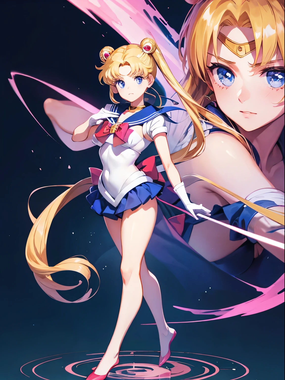 Sailor Moon, 1 girl, blonde hair, long hair, blue eyes, detailed eyes, simple background, female focus, alone, standing, Usagi Tsukino, portrait, full body, (Masterpiece:1.0), (best quality:1.0), (wallpaper 8k:1.0), (beautiful face detailed:1.0), (deep detailed eyes), deep eyes, looking at viewer, red bow on chest, pink bra, white gloves, big breasts, bare abdomen, pink panties ,