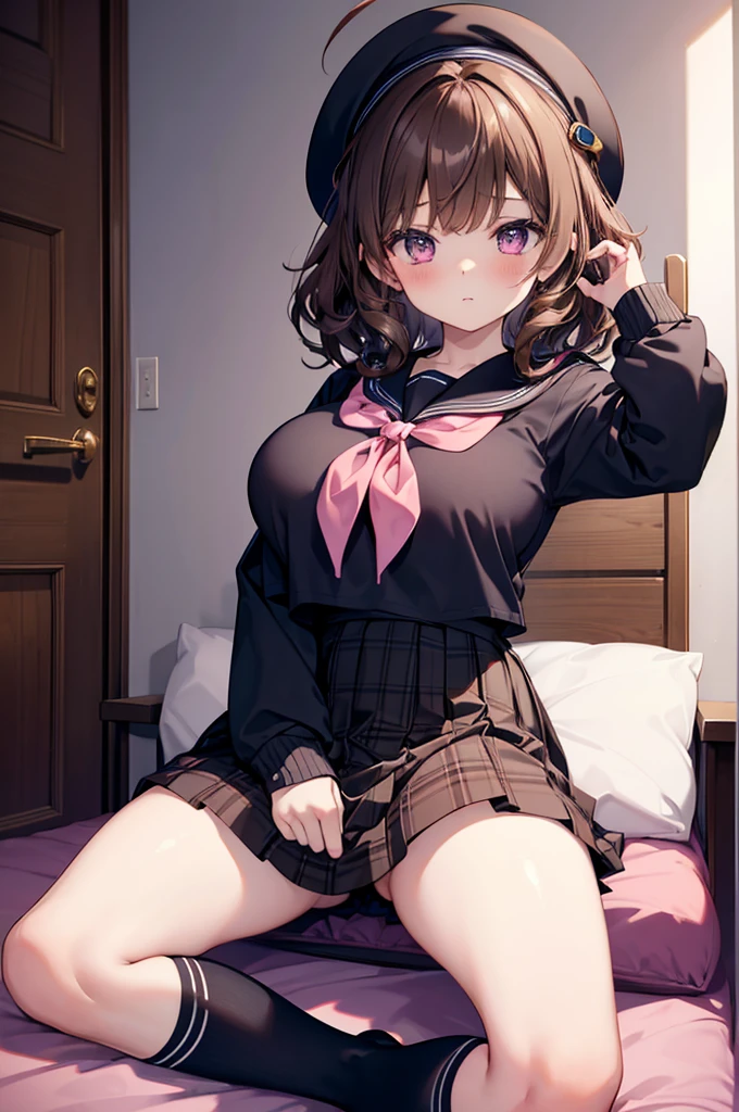 masterpiece, One girl,  Brown haired girl, Wearing a sailor suit, Curly medium hair, The body is slim,  Pink eyes, Ahoge, , Huge breasts, Beautiful breasts, Round Breasts, Long sleeve, Beautiful Eyes, Black knee-high socks, , skirt, black skirt, plaid skirt, Brown sailor color, flared skirt, Tight shirt, skirt, Bedroom M-legs Pussy Spread legs