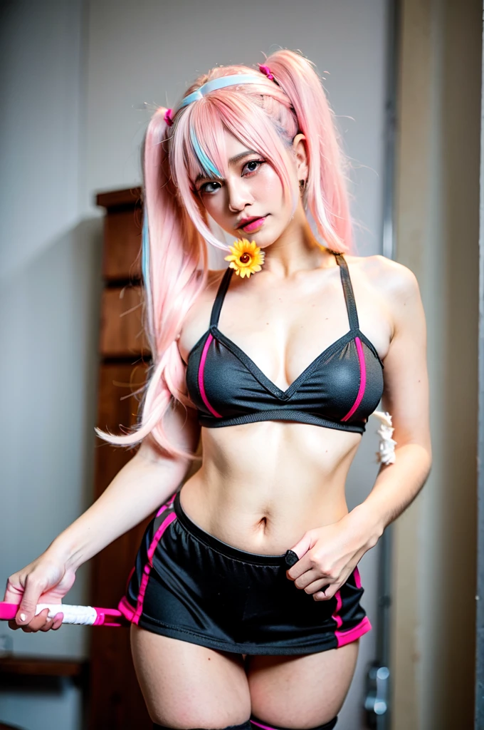 bremerton_\(azur_lane\), bremerton_\(scorching-hot_training\)_\(azur_lane\), , pink_hair, 1girl, crop_top, multicolored_hair, underboob, twintails, streaked_hair, x_hair_ornament, long_hair, hair_ornament, two-tone_skirt, bangs, large_breastslip, hair_between_eyes, looking_at_viewer, pink_eyes, two-tone_hair, shirt, racket, fence, grey_hair, tennis_racketnaked body,show pussy high qua,lingerie