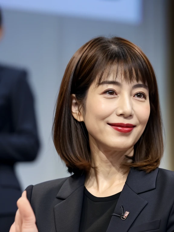 One Japanese woman, Neighbor's wife、Detailed face, Red lipstick, Captivating look, Highest quality, Very detailed, Perfect Anatomy, Wearing a black suit, Straight hair, Age 37, mature, sexy, smile, Medium Hair、The face is facing you、(Looking at the audience), Close-up photo with focus on face、(顔のextream close up:1.4)、