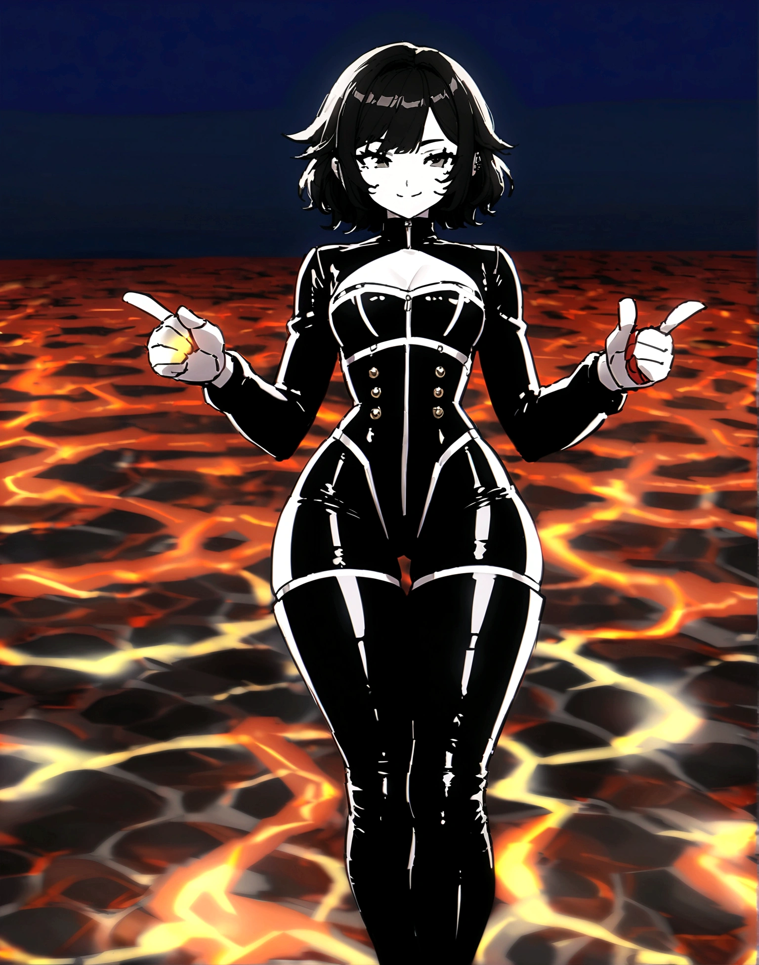 absurdres,(masterpiece, best quality:1.2), full body shot, solo, latex bodysuit, male focus, cross dressing, 1boy, slightly thick thighs, thigh highs latex boots, narrow shoulders, wide hips, lidded eyes, looking at screen, full lips, sultry smile, green eyes, left hand at hip, index finger at lower lip, wolf hair cut, bangs middle at face, short hair, human ears hidden in the hair,black hair, voluptuous hair, dark ambient, dim lights, computers behind, computer lights