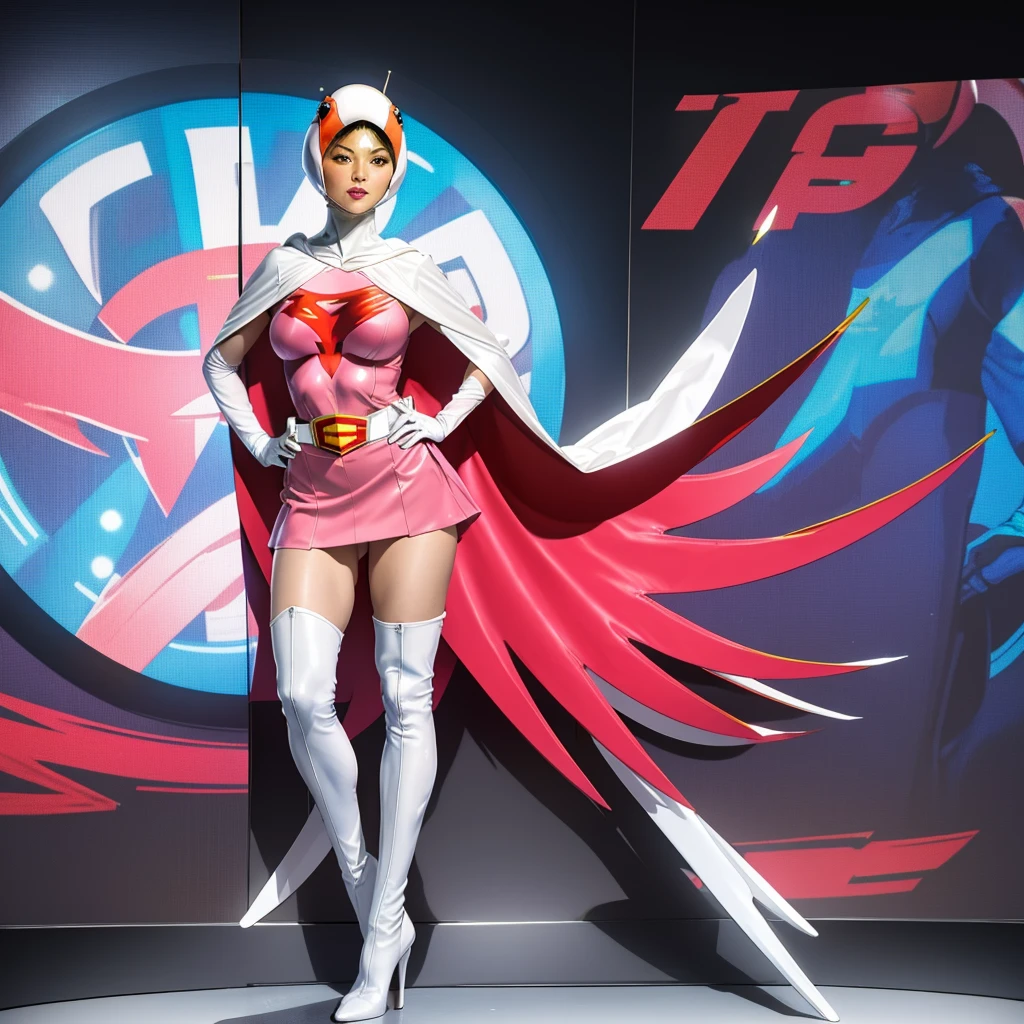 ANI_CLASSIC_jun_gatchaman_ownwaifu,1girl, yo,good anatomy, masterpiece, best quality,realistic, hyper realistic, 16k hdr, long hair,breasts,lips,large breasts,lipstick,makeup,gloves,cape,helmet,belt,elbow gloves,white gloves,mask,ultra miniskirt,leotard,spacesuit,white tight overknee highheels boots,pink dress,superhero,bodysuit,cleavage,erected nipples,(stand pose,hands on hip),(spread legs:1.1),cameltoe